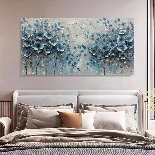 Nordic Abstract Floral Blue Wall Art Canvas Office Home Room Framed 80x45cm