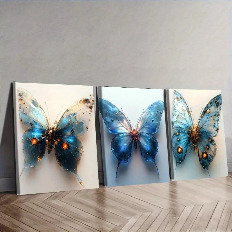 3pcs Blue Mechanical Butterfly Wall Art Set Canvas Framed 40x60cm - High Quality Print 100% Australian Made Wall Canvas Ready to Hang