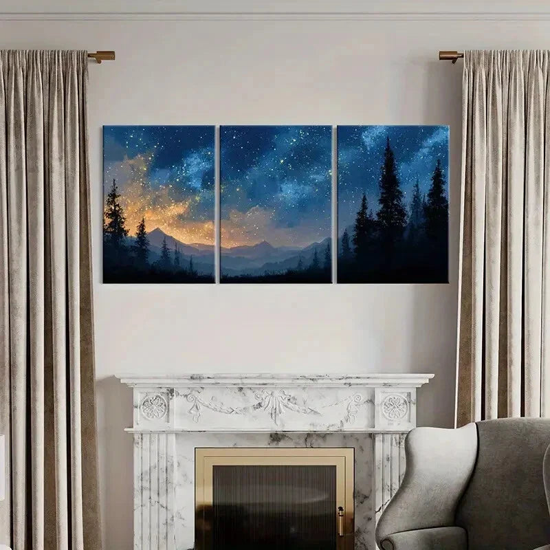 3pcs Night Sky Stars Mountains Pine Trees Metal Print Ready to Hang Art