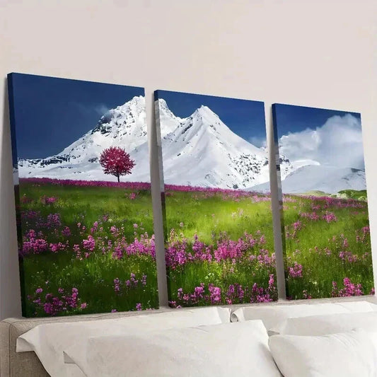 3pcs Snow Capped Mountain & Wildflowers Wall Art Set Canvas Framed 40x60cm - High Quality Print 100% Australian Made Wall Canvas Ready to Hang