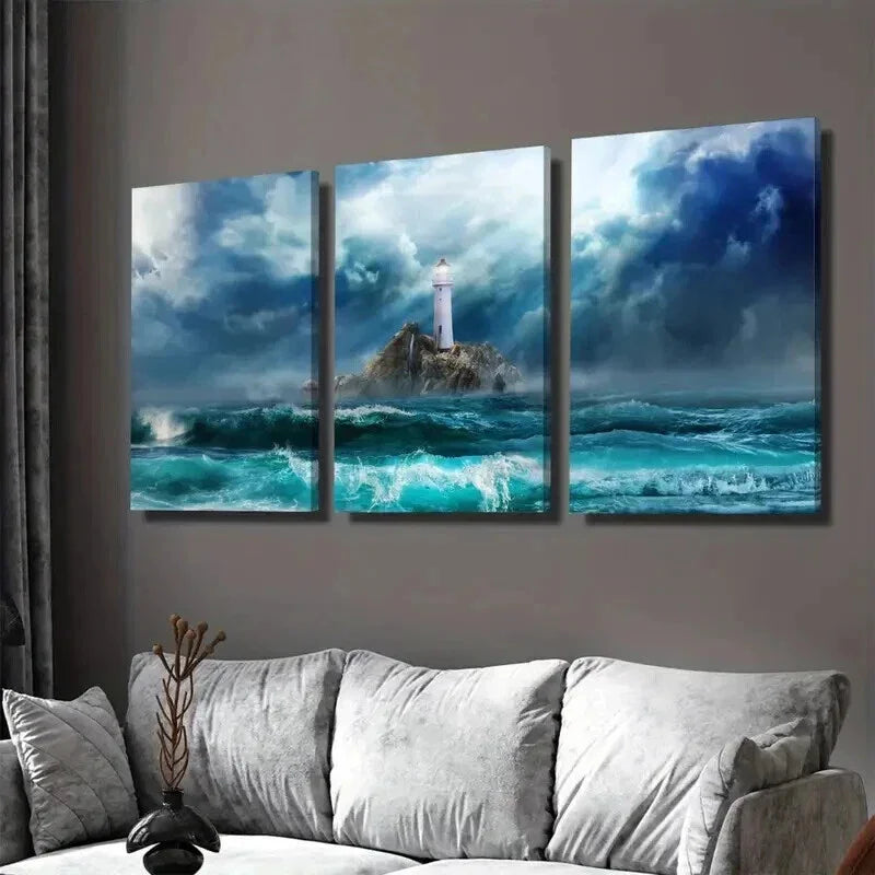3pcs Ocean Storm Lighthouse Painting Wall Art Set Canvas Framed 40x60cm - High Quality Print 100% Australian Made Wall Canvas Ready to Hang