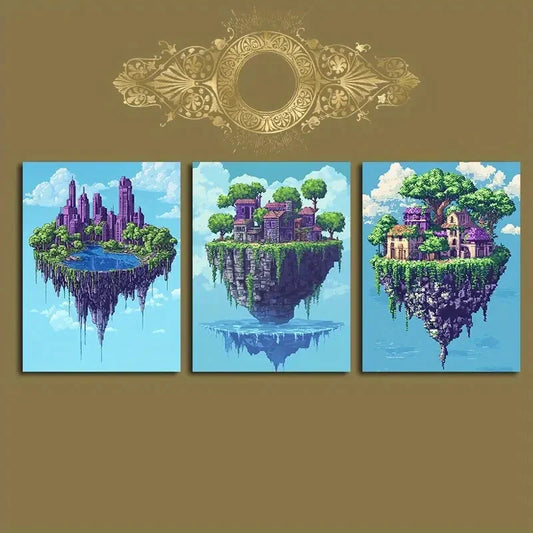 3pcs Dreamy Sky Island Green Trees Metal Print Ready to Hang Art