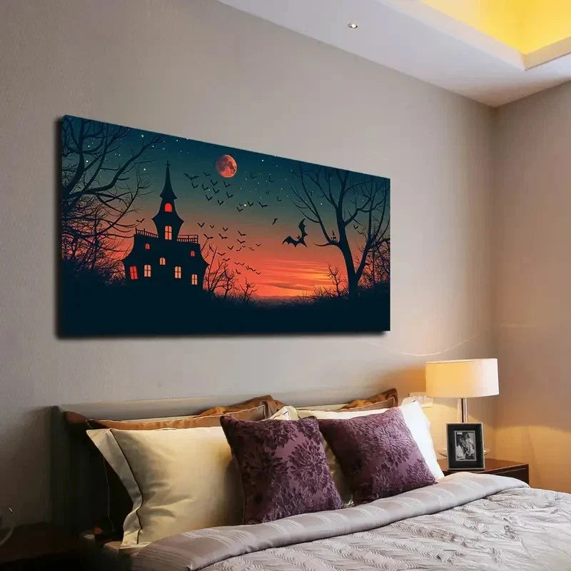 Black And White Bat Castle Wall Art Canvas Office Home Room Framed 120x60cm