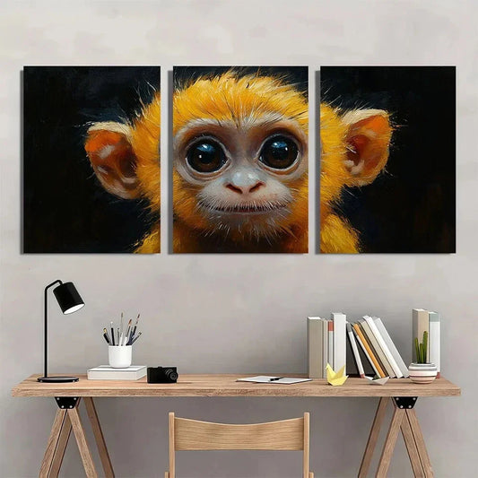 3pcs Little Monkey Painting Black Eyes Metal Print Ready to Hang Art