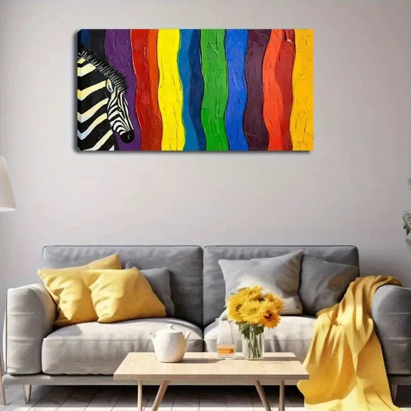 Vibrant Zebra and Rainbow Wall Art Canvas Office Home Room Framed 120x60cm