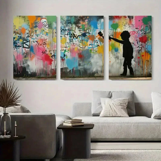 3pcs Colorful Graffiti Girl Abstract Street Metal Print Ready to Hang Art