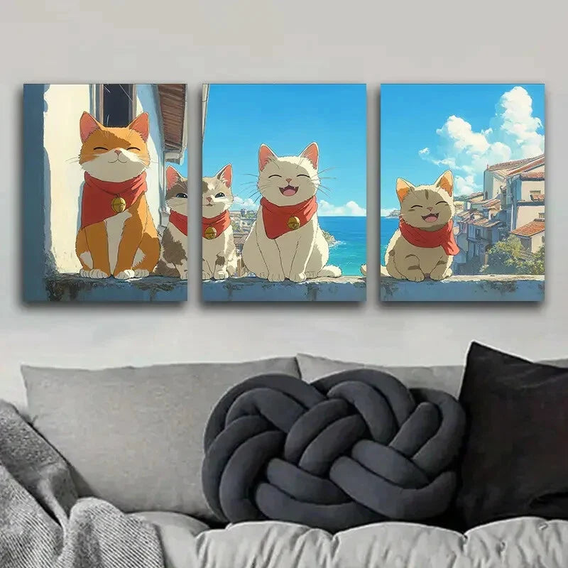 3pcs Happy Cat Orange Hanging Paintings Home Wall Art Set Canvas Framed 40x60cm - High Quality Print 100% Australian Made Wall Canvas Ready to Hang