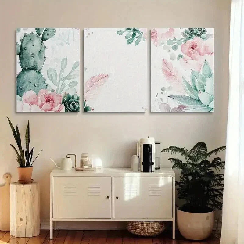 3pcs Watercolor Green Cactus and Pink Flowers Wall Art Set Canvas Framed 40x60cm - High Quality Print 100% Australian Made Wall Canvas Ready to Hang