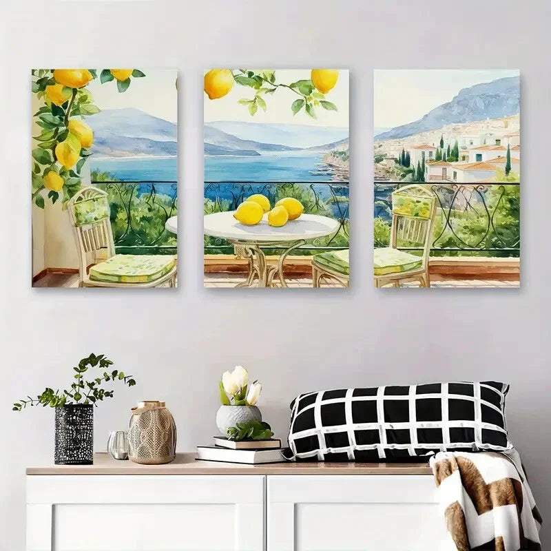 3pcs Mediterranean Lemon Balcony Metal Print Ready to Hang Art