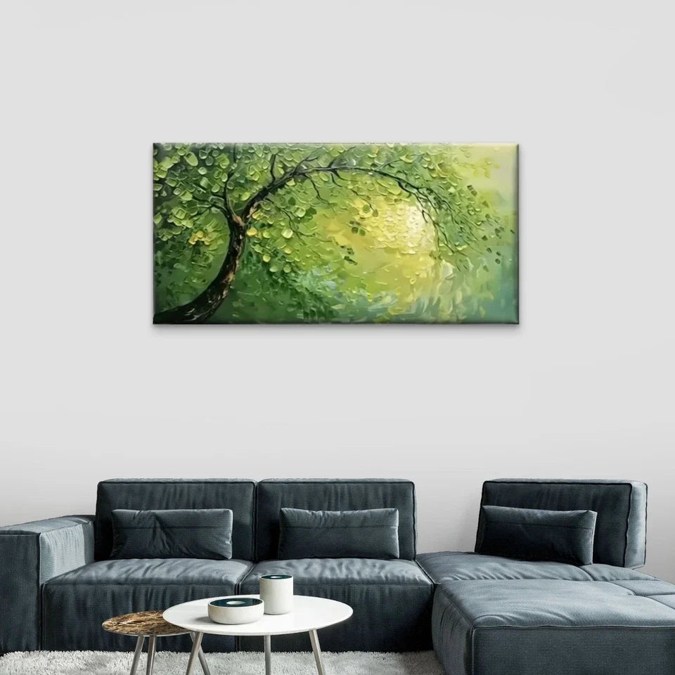 Green Leafy Tree Abstract Wall Art Canvas Office Home Room Framed 80x45cm.