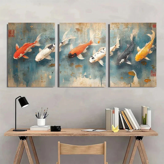 3pcs Abstract Koi Fish Design Oil Painting Metal Print Ready to Hang Art