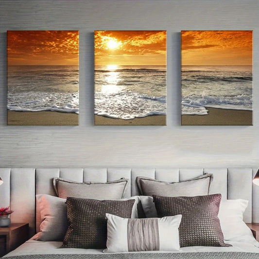 3pcs Orange Sunset Beach Waves Metal Print Ready to Hang Art