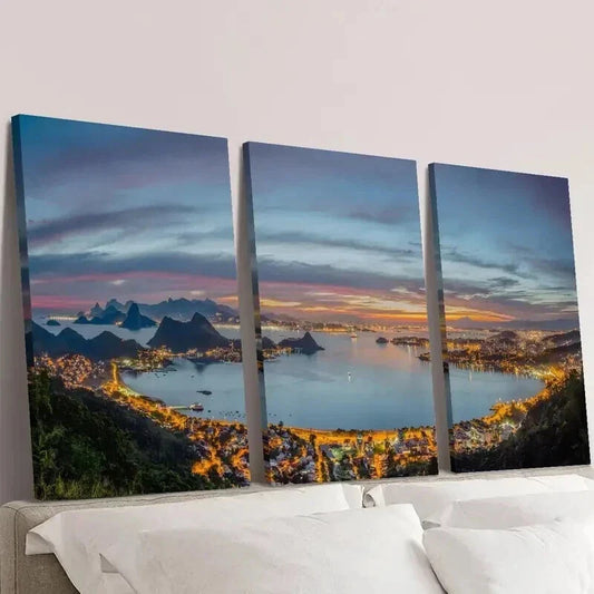3pcs Niterói City Park Night View Landscape Wall Art Set Canvas Framed 40x60cm - High Quality Print 100% Australian Made Wall Canvas Ready to Hang
