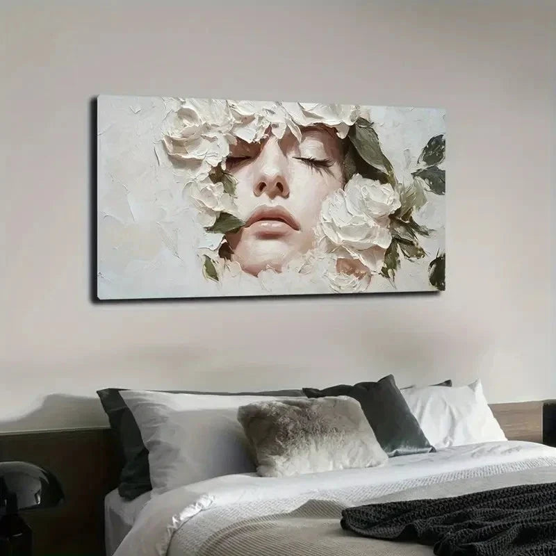 Serene Face With White Flowers Wall Art Canvas Office Home Room Framed 120x60cm