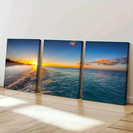 3pcs Beach with Yellow and Blue Skies Wall Art Set Canvas Framed 40x60cm - High Quality Print 100% Australian Made Wall Canvas Ready to Hang