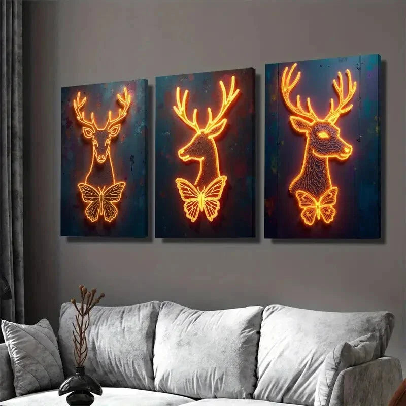3pcs Elegant And Unique Neon Deer And Butterfly Wall Art Set Canvas Framed 40x60cm - High Quality Print 100% Australian Made Wall Canvas Ready to Hang