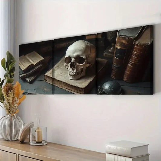 3pcs Skeletons and Books Dark Colorful Perfect Wall Art Set Canvas Framed 40x60cm - High Quality Print 100% Australian Made Wall Canvas Ready to Hang