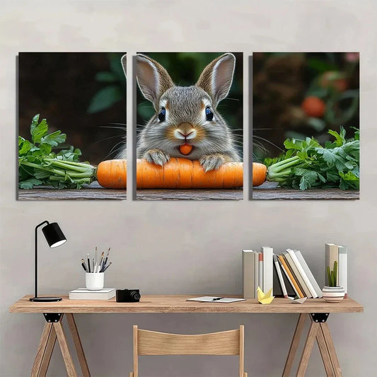 3pcs Rabbit Eats Carrot Painting Metal Print Ready to Hang Art