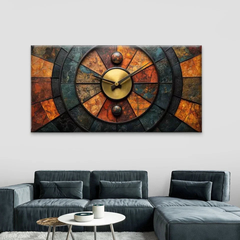 Mosaic Slate Wall Clock Wall Art Canvas Office Home Room Framed 80x45cm