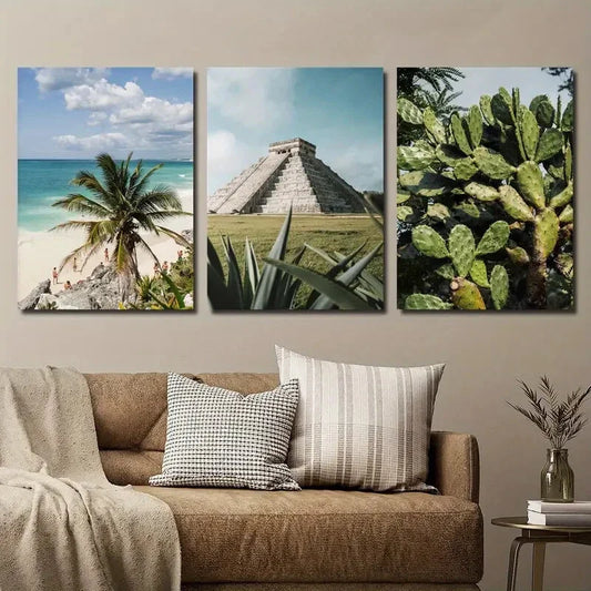 3pcs Caribbean Sea Beach Pyramid Ancient Green Metal Print Ready to Hang Art