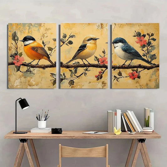 3pcs Vintage Bird Tree Vintage Rustic Farmhouse Metal Print Ready to Hang Art