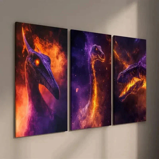 3pcs Jurassic Dinosaur with Vibrant Flame Wall Art Set Canvas Framed 40x60cm - High Quality Print 100% Australian Made Wall Canvas Ready to Hang