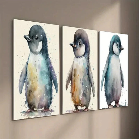3pcs Colorful Cartoon Animal Penguin Decor Wall Art Set Canvas Framed 40x60cm - High Quality Print 100% Australian Made Wall Canvas Ready to Hang