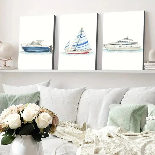 3pcs Ship Transportation Bars Designs Blue White Wall Art Set Canvas Framed 40x60cm - High Quality Print 100% Australian Made Wall Canvas Ready to Hang