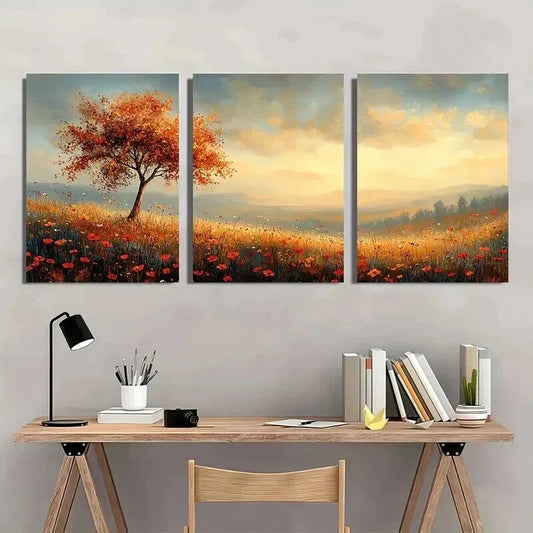 3pcs Landscape Painting with Trees Wildflowers Wall Art Set Canvas Framed 40x60cm - High Quality Print 100% Australian Made Wall Canvas Ready to Hang