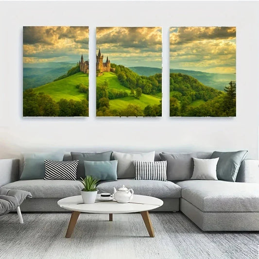 3pcs A Castle Perched on a Hill White Wolf Metal Print Ready to Hang Art
