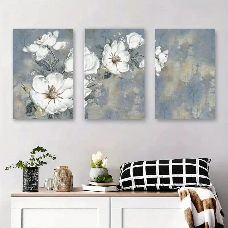 3pcs White Magnolia Floral Vintage Gray Metal Print Ready to Hang Art