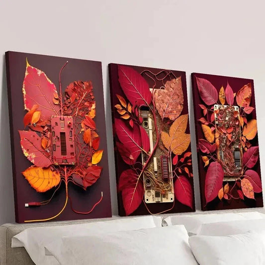 3pcs Red Circuit Board with Leaves Wall Art Set Canvas Framed 40x60cm - High Quality Print 100% Australian Made Wall Canvas Ready to Hang