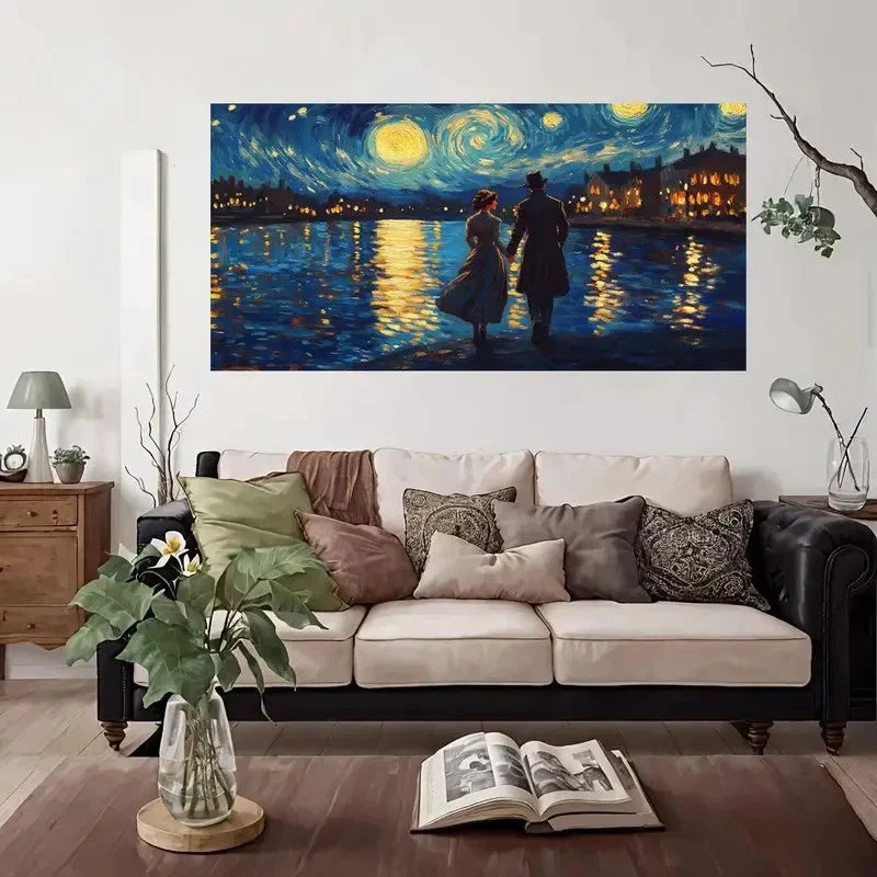 Romantic Night Walk By River Wall Art Canvas Office Home Room Framed 120x60cm