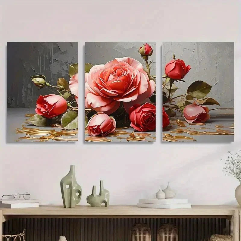 3pcs Red Rose Golden Drip Luxury Metal Print Ready to Hang Art