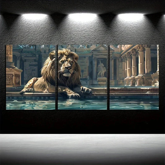 3pcs Majestic Lion Floating Ruins Metal Print Ready to Hang Art