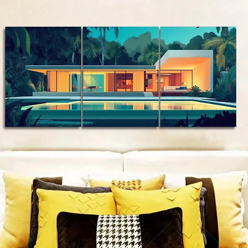 3pcs Mid-century modern house Metal Print Ready to Hang Art