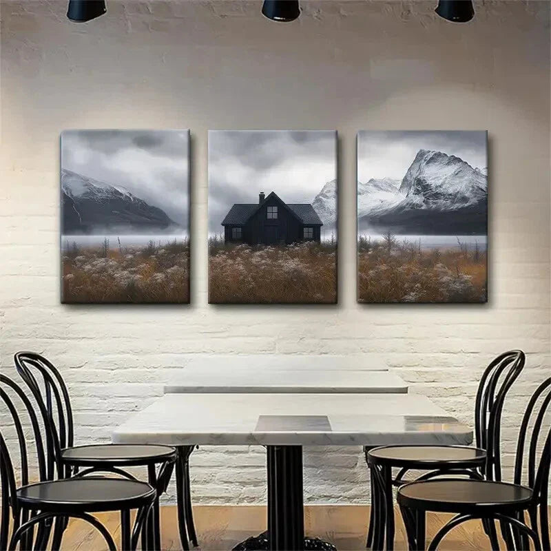 3pcs Black Cottage with Snowy Mountains Perfect Wall Art Set Canvas Framed 40x60cm - High Quality Print 100% Australian Made Wall Canvas Ready to Hang