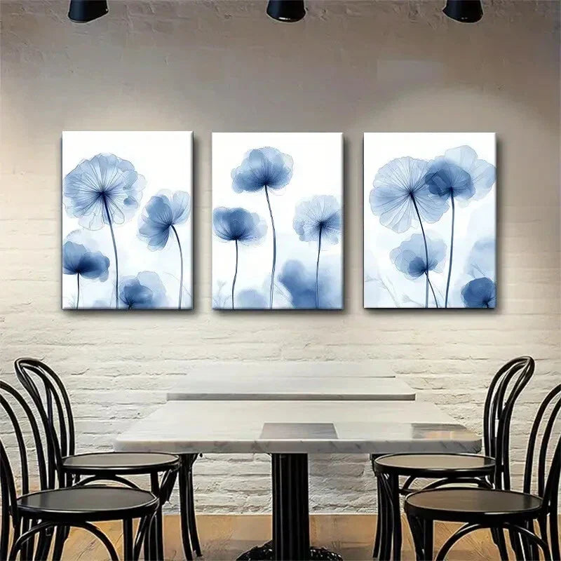 3pcs Elegant Blue Floral Minimalist Soft Perfect Wall Art Set Canvas Framed 40x60cm - High Quality Print 100% Australian Made Wall Canvas Ready to Hang