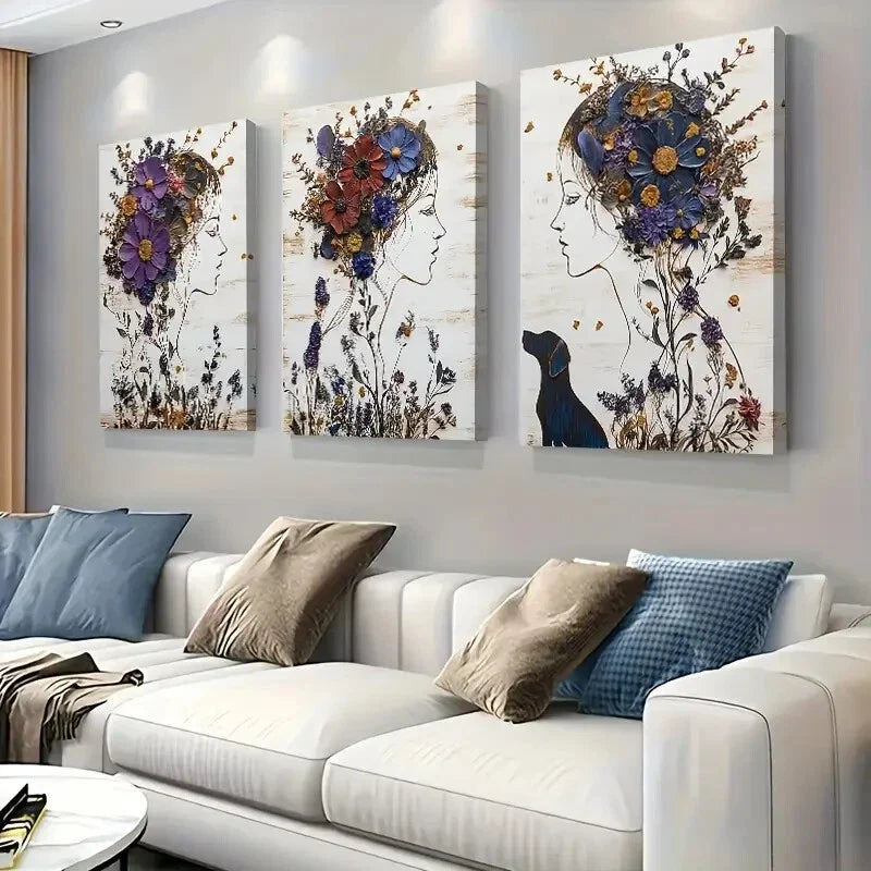 3pcs Women with Flower Crowns and Dog Perfect Wall Art Set Canvas Framed 40x60cm - High Quality Print 100% Australian Made Wall Canvas Ready to Hang
