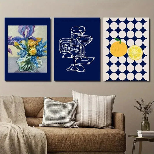 3pcs Classic Cocktail Iris Bouquet Glass Vase Metal Print Ready to Hang Art