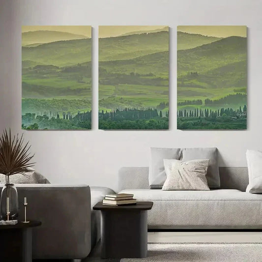 3pcs Rolling Green Hills, Cypress Trees Metal Print Ready to Hang Art