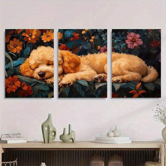 3pcs Vintage Poodle Dog Charming Garden Sleeping Metal Print Ready to Hang Art