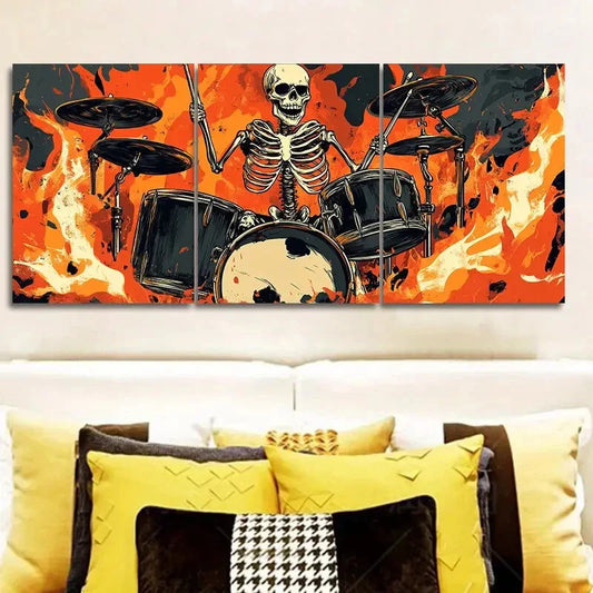 3pcs Skeletons play drums Art Painting Metal Print Ready to Hang Art