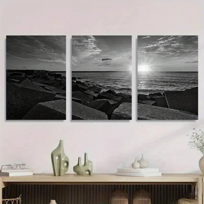 3pcs Black and White Coastal Sunset Geometric Metal Print Ready to Hang Art