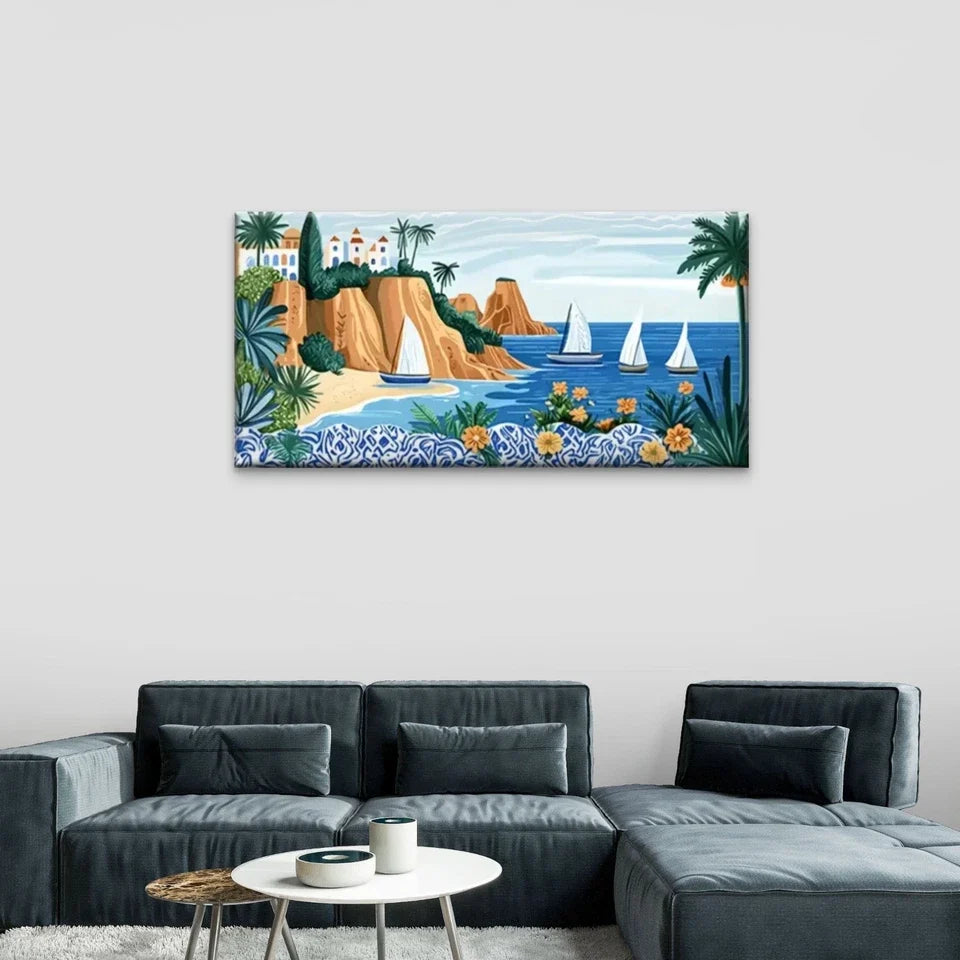 Beach Scene Palm Trees Boats Wall Art Canvas Office Home Room Framed 80x45cm