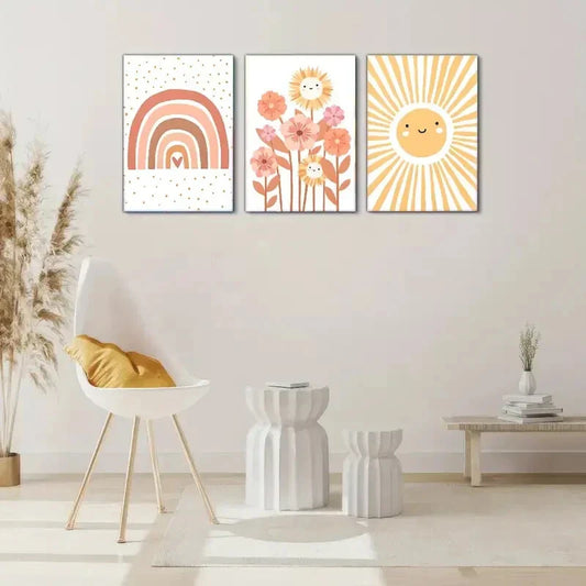 3pcs Rainbow Sun and Flowers Design Posters Metal Print Ready to Hang Art