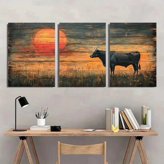 3pcs Sunset Cow Scene Vibrant Metal Print Ready to Hang Art