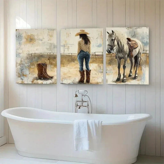 3pcs Western Cowgirl Rustic Country Perfect Wall Art Set Canvas Framed 40x60cm - High Quality Print 100% Australian Made Wall Canvas Ready to Hang