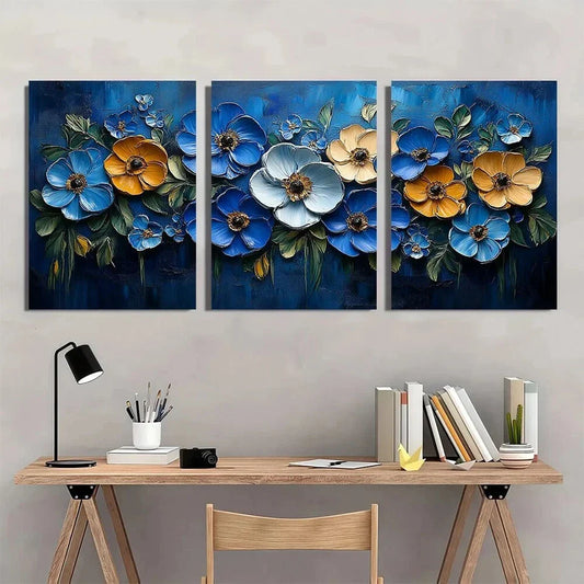 3pcs Blue & Golden Floral Painting Metal Print Ready to Hang Art