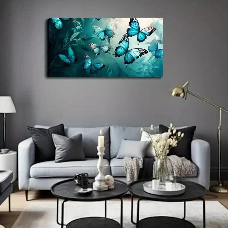 Blue Black Butterflies Foliage Wall Art Canvas Office Home Room Framed 120x60cm